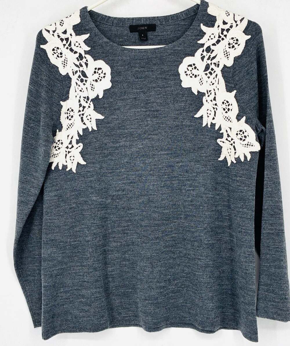 J Crew Gray White Lace Applique LS Merino Wool Acrylic Blend Sweater